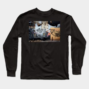 Decaying urban brick wall with graffiti paint and street art in New York City Long Sleeve T-Shirt